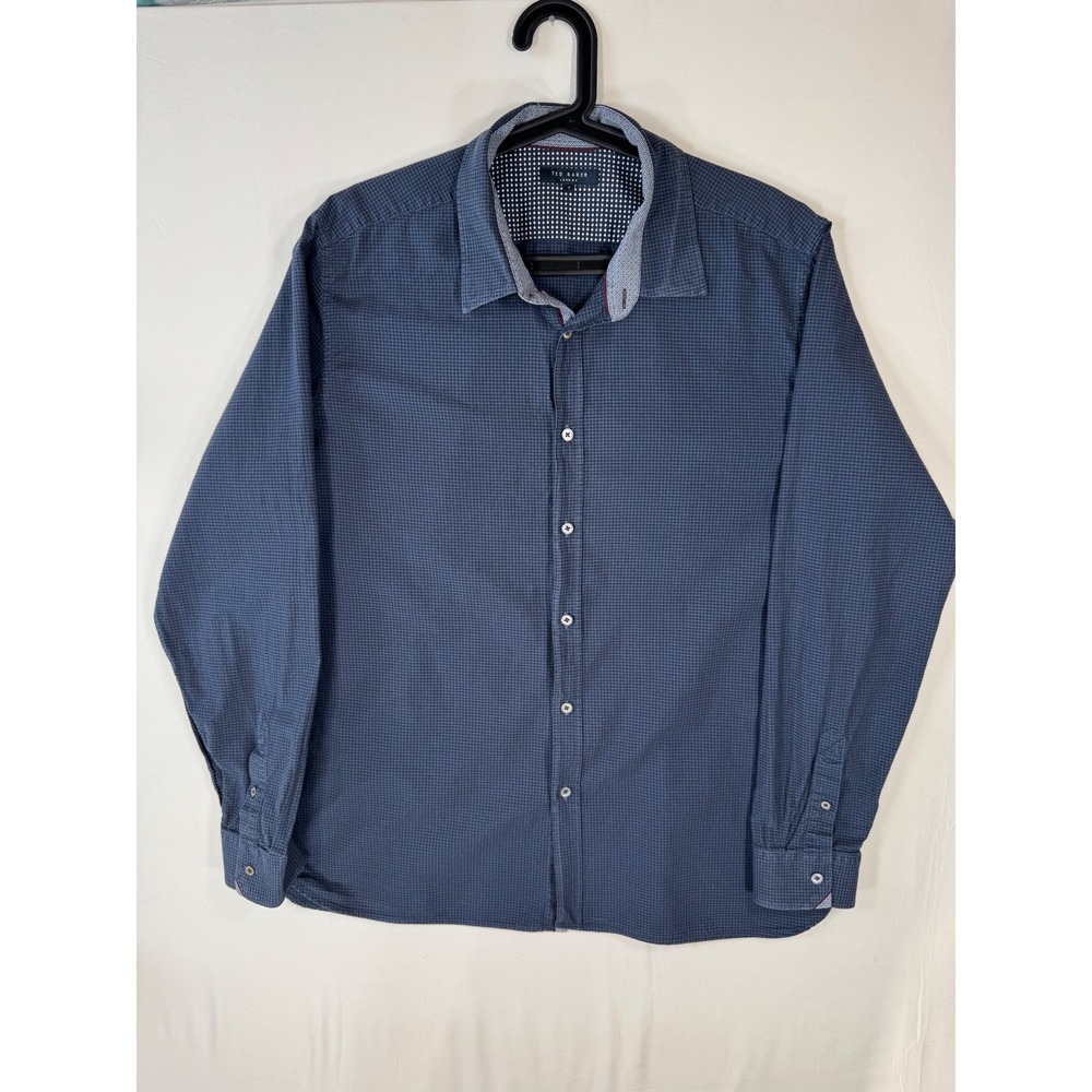 Ted Baker Button Down Shirt Blue Micro Check Size 7 XXL Business Casual Cotton
